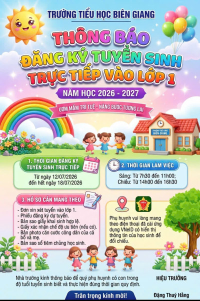 Thông báo đăng ký tuyển sinh trực tiếp lớp 1 năm học 2026-2027