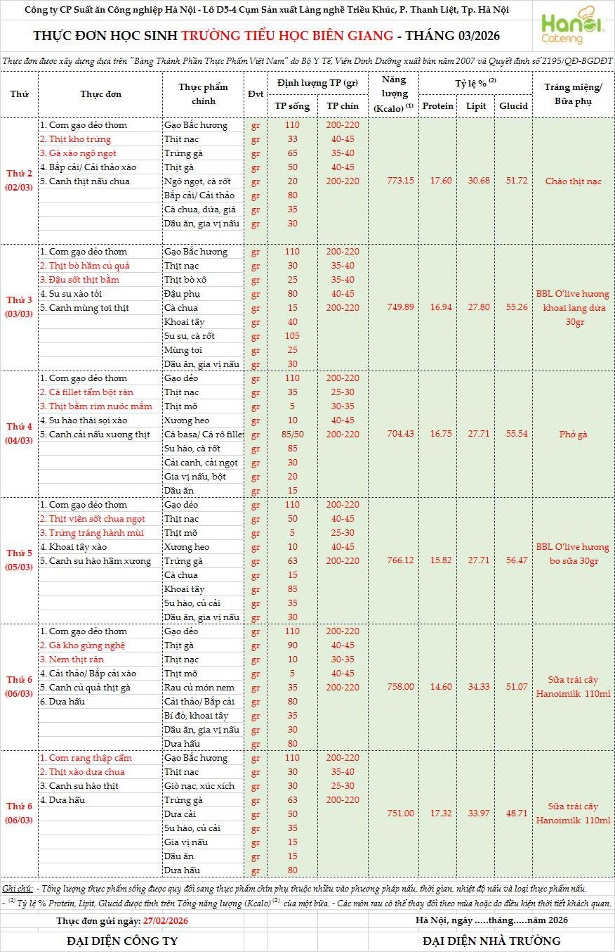 Thực đơn học sinh ăn bán trú tháng 3/2026